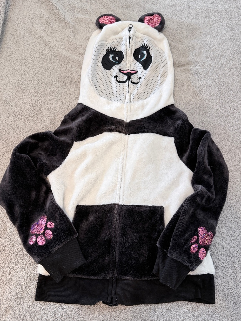 Justice black & white panda zip up hoodie girls 10 pink sequin paws